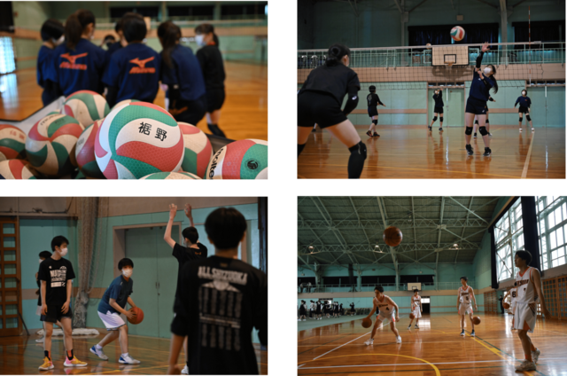 女子バレー部と男子バスケットボール部の活動の様子