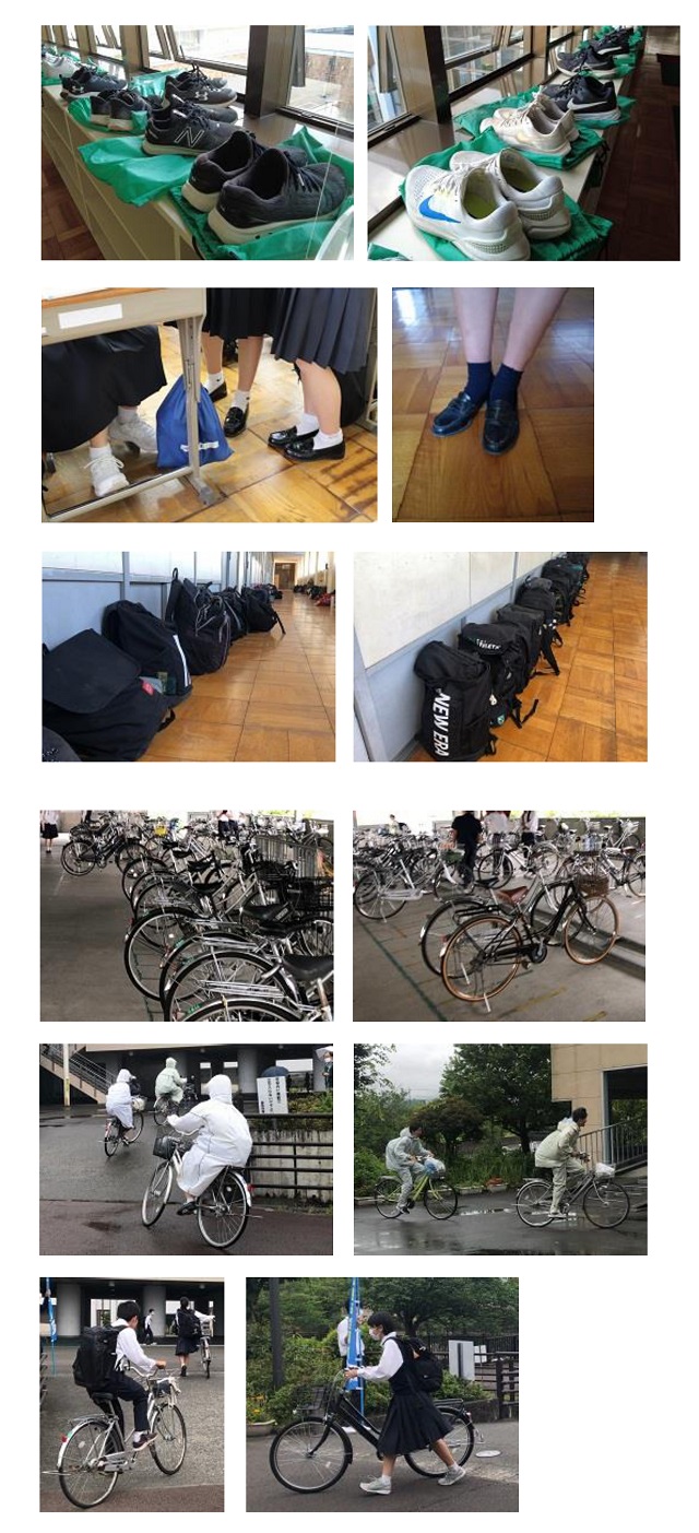 靴、靴下、バッグ、自転車、雨合羽