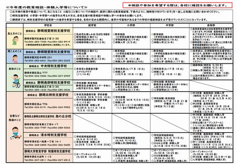 静岡地区8特別支援学校の教育相談や体験入学の計画表