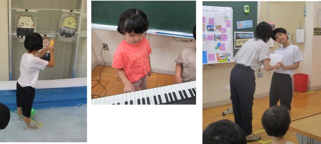３枚の写真。幼児が水鉄砲で遊ぶ様子、幼児がキーボードを弾く様子、小学生が校長先生から任命書をもらう様子