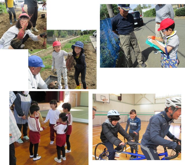 ５枚の写真。イモ掘りをする小学生の写真２枚。農家の方に男児がインタビューする写真。タンデム自転車に乗る男児と見守る杉浦選手。手をつないで遊ぶ幼児。