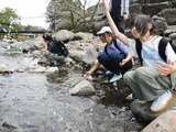 自然散策で川の水に触れる様子