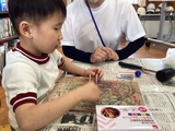 打った杭に輪ゴムを掛ける幼稚部幼児