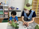 栄養教諭とチンゲンサイの葉をはがす幼稚部幼児