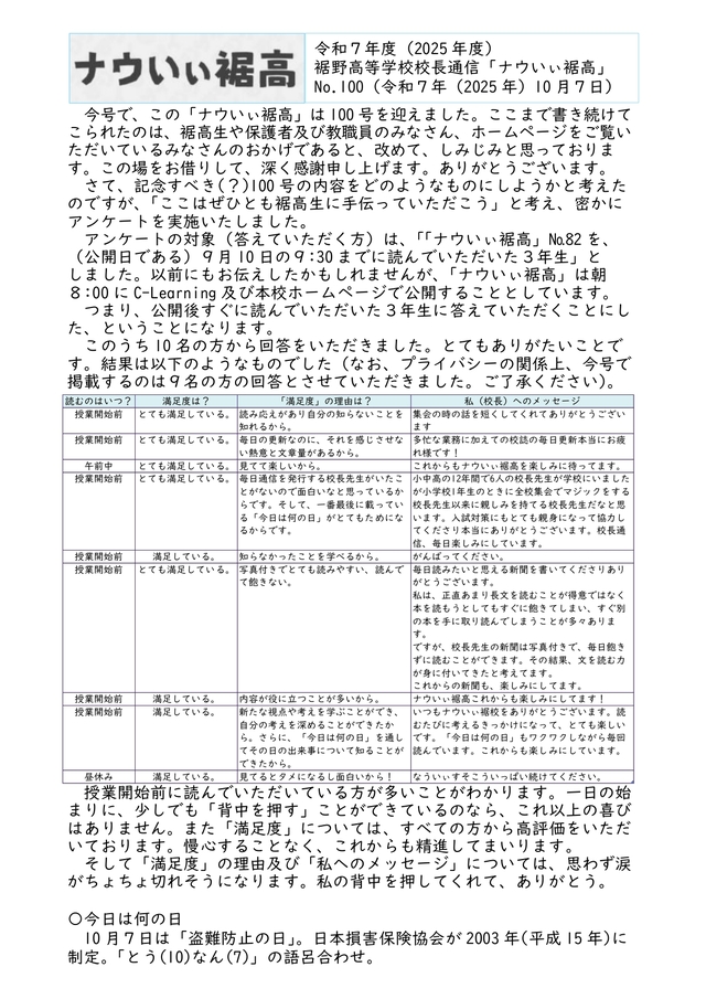 校長通信№100