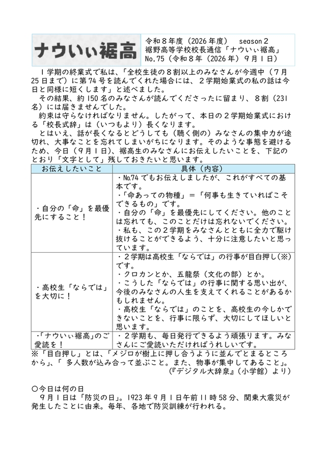 校長通信№75